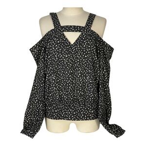 BEBE Black Grey White Polka Dot Long Sleeve Off the Shoulder Strap Blouse Sz XL